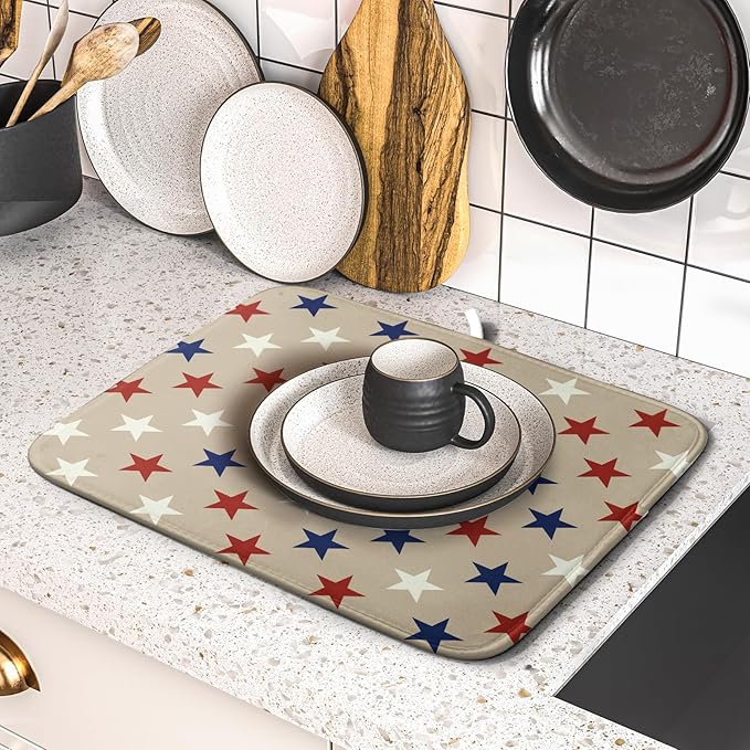 Patriotic July of 4th Blue Red White Star Dish Drying Mat for Kitchen Counter 16x18 Independence Day Absorbent Reversible Microfiber Drying Mats Kitchen Countertop Protector Dishes Drainer Rack Pad