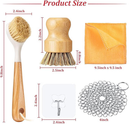 Patelai 8 Pieces Cast Iron Skillet Cleaner Care Kit Include Chainmail Scrubber, Bamboo Handle Dish Brush, Scrub Brushes, Pan Grill Scrapers for Cleaning Cast Iron Skillets, Pot & Pans(Orange)