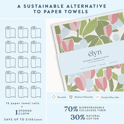 ELYN Swedish Dishcloths, Reusable & Washable Sponge Cloths, Absorbent Cleaning Paper Towels for Kitchen, Dishes, Counters and More, 5 Pack, Assorted Geo & Floral Pattern