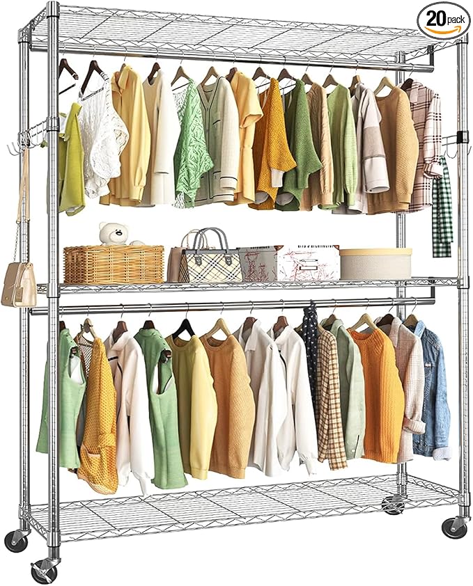 Simple Trending Clothing Garment Rack with 3 Tiers Storage Shelves, Heavy Duty Rolling Clothes Organizer Double Rods with Wheels for Hanging Clothes, Chrome