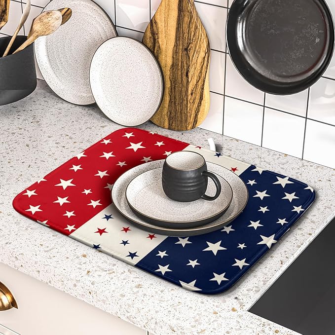 Blue Red White Star July of 4th Patriotic Dish Drying Mat for Kitchen Counter 16x18 Independence Day Absorbent Reversible Microfiber Drying Mats Kitchen Countertop Protector Dishes Drainer Rack Pad