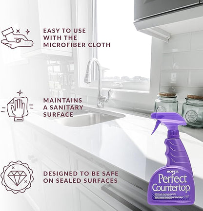 HOPE'S Perfect Countertop Cleaner and Polish - Streak-Free Multi Surface Cleaning Spray - Kitchen Spray for Granite, Quartz, Marble, Stone, Laminate, CORIAN, 22 Fl Oz, Pack of 1 with Microfiber Cloth