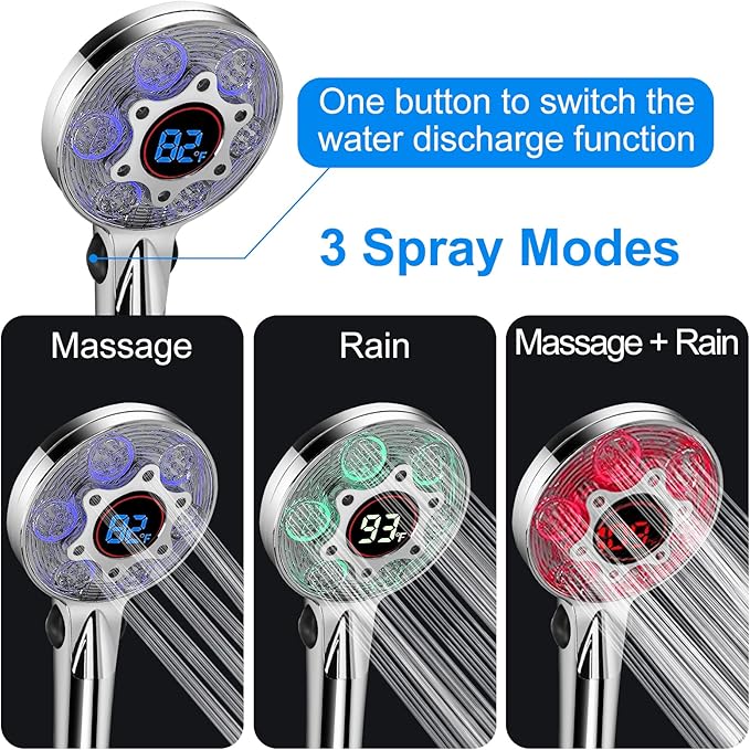 LED Shower Head with Handheld, Color Changing, Shower Head High Pressure with Water Temperature Display, Water Saving Spray Showerheads with 59" Hose and Shower Bracket for Low Water Pressure, Chrome
