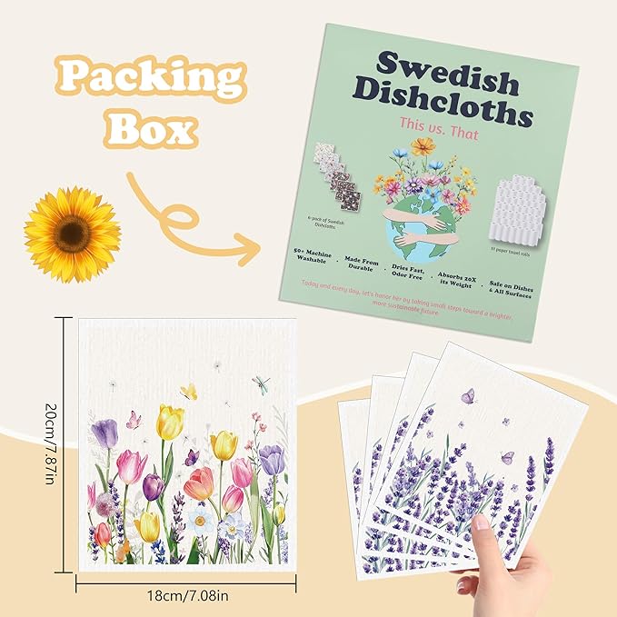 Spring Swedish Dishcloths for Kitchen, 6 Pack Floral Swedish Dish Cloths Reusable Washable Absorbent Sponge Kitchen Towels for Spring Summer Seasonal Decorations Housewarming Gifts