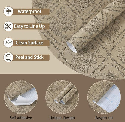 Toduso Peel and Stick Wallpaper Vintage Wall Paper Boho Contact Paper Neutral Removable Wallpaper for Kitchen Bathroom Bedroom Floral Waterproof Self Adhesive Vinyl Drawer Decor 17.3"x78.7"