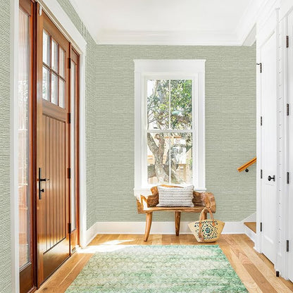 Simon&Siff Green Textured Grasscloth Peel and Stick Wallpaper 17.7"x118" Neutral Faux Grassweave Wallpaper Waterproof Self Adhesive Removable Wallpaper Mural for Home Decor Bedroom Kitchen Cabinet