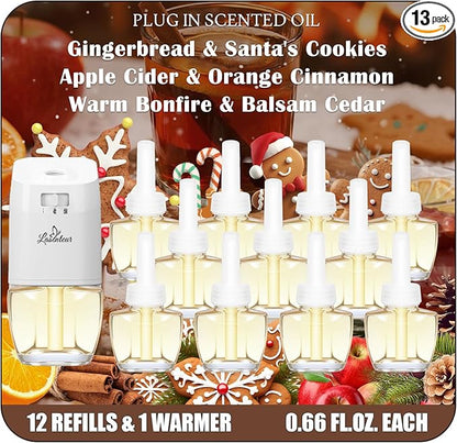 Plug-in Air Freshener Refill Starter Kit - 12 Winter Scents & 1 Warmer, Wall Plug Refills, Gingerbread, Santa’s Cookies, Apple Cider, Orange Cinnamon, Warm Bonfire, Balsam Cedar, for Home & Bathroom