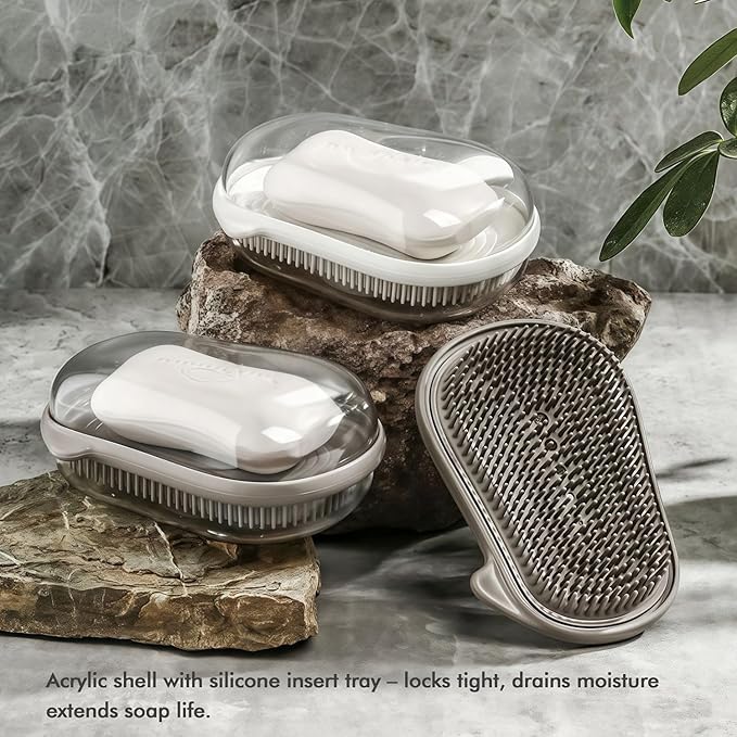 Travel Soap Holder Bar Soap Dish Shower Soap Saver Case Container Box for Bathroom Camping Gym Vonpri (Grey, with Brush)