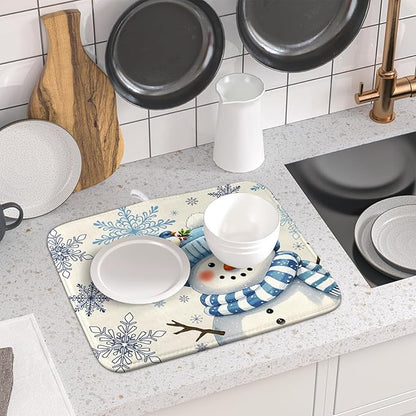 Winter Snowman Dish Drying Mat for Kitchen Counter 16x18 Blue Snowflake Bird Christmas Holiday Absorbent Reversible Microfiber Drying Mats Kitchen Countertop Protector Dishes Drainer Rack Pad
