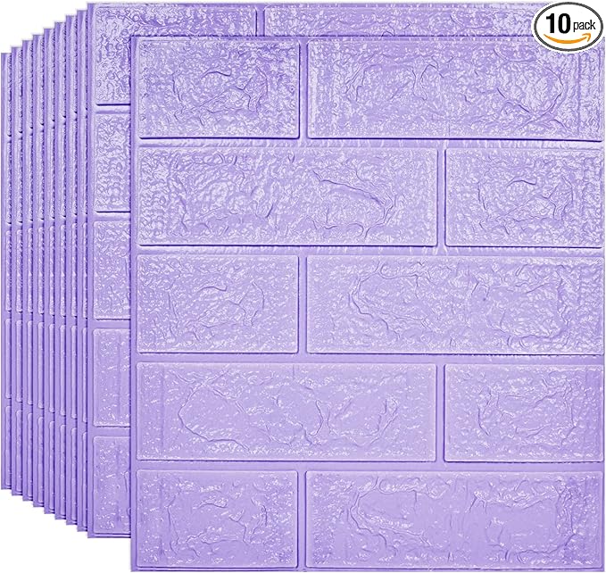 3D Wall Panels, 14.5 sq.feet Coverage, Printable Wallpaper Sticker with Self-Adhesive Waterproof Brick PE Foam Wall Panels Peel and Stick for Interior Wall Decor, Home Decoration 10 PCS Purple