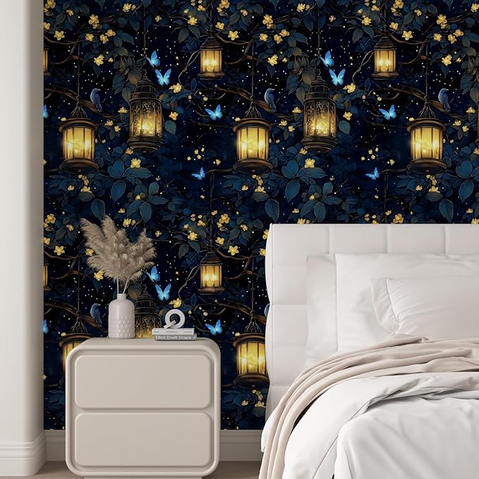 Extra Long Dark Floral Peel and Stick Wallpaper, 17.5In x 393In Fantasy Wonderland Forest Self-Adhesive Removable Wall Paper for Bedroom Cubicle Cabinet Drawer, Vinyl Contact Paper Black Blue