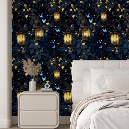 Dark Floral Peel and Stick Wallpaper, Wonderland Forest with Lighting Butterfly Self Adhesive Wallpaper for Bedroom Cubicle Drawer, Vinyl Waterproof Fantasy Contact Paper Black 17.5In x 118In