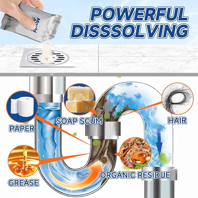 Drain Clog Remover for Sink & Shower, Dissolves Hair, Grease, Soap Scum & Paper, Powerful Bleach-Free Drain Cleaner Powder, 6 Pre-Measured Treatments for Bathroom & Kitchen