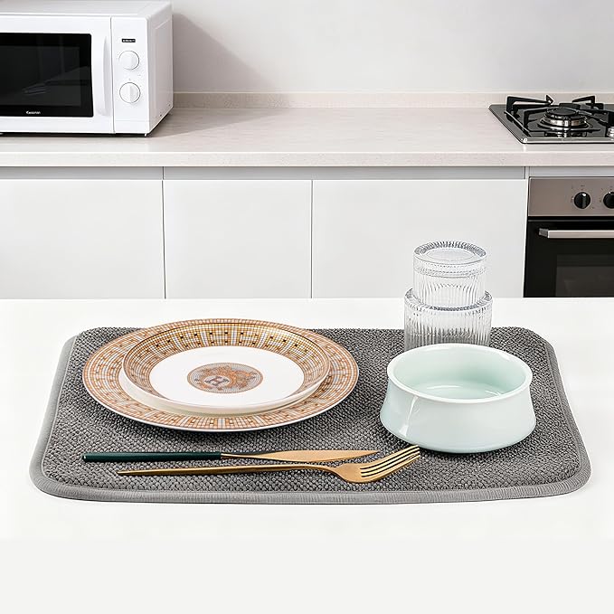 Dish Drying Mat, Microfiber Ultra-Absorbent Kitchen Counter Mat, Ideal Dish Drying Pad for Dishes, Utensils, Pots, and Pans, Gray, Small - 16"x12" (40x30cm).