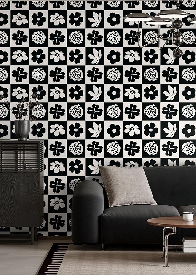 Dimoon 17.3''x78.7'' Peel and Stick Wallpaper Black White Floral Contact Paper Geometric Retro Vintage Thickening Embossed Cream Flower Renter Friendly Wall Paper Boho Aztec Bedroom Vinyl Wrap Roll