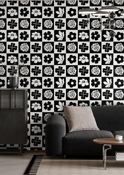 Dimoon 17.3''x78.7'' Peel and Stick Wallpaper Black White Floral Contact Paper Geometric Retro Vintage Thickening Embossed Cream Flower Renter Friendly Wall Paper Boho Aztec Bedroom Vinyl Wrap Roll