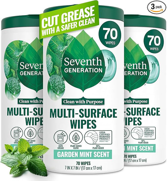 Seventh Generation Multi-Surface Wipes, 70 Count, Pack of 3, Garden Mint, Plant-Based Cleaning Wipes, No Harsh Fumes or Residue, Safe Around Kids
