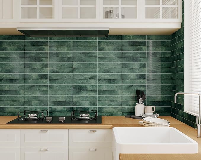 COLAMO 22PCS Green Peel and Stick Backsplash, Self Adhesive Glossy Subway Tile, Brick Mosaic Tile Stick on Backsplash for Kitchen, Bathroom, RV, Accent Wall
