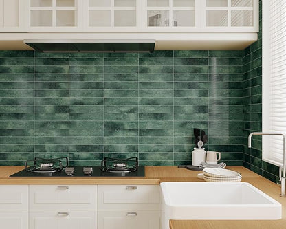 COLAMO 22PCS Green Peel and Stick Backsplash, Self Adhesive Glossy Subway Tile, Brick Mosaic Tile Stick on Backsplash for Kitchen, Bathroom, RV, Accent Wall