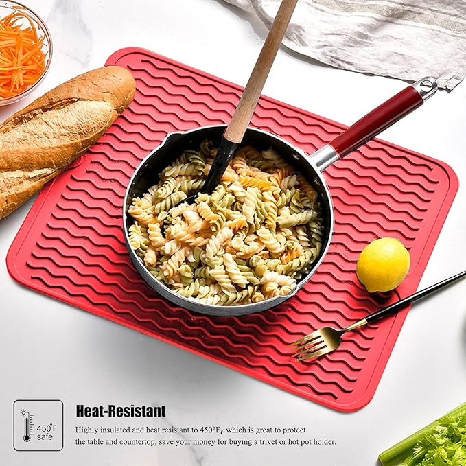Silicone Dish Drying Mat, Non-Slip Easy Clean Sink Mat Large Heat-resistant Dish Drainer Mat for Kitchen Counter, Sink, Refrigerator or Drawer liner (16" x 12", RED)