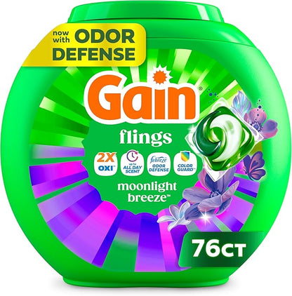 Gain Flings Liquid Washing Detergent Pods with Odor Defense + Color Guard, Moonlight Breeze Scent, 4-In-1 Liquid Laundry Detergent Pacs, Clean & Fresh, 76 Count (Packaging May Vary)
