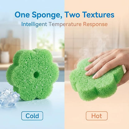 Scrub Flower Temperature Sensitive Sponges -Non-Scratch Scrubbers for Kitchen & Home - Firm in Cold & Soft in Warm Water - Odor Resistant Color-Coded Dish Sponges (Garden Mint, 3 Count)