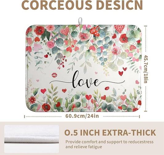 Valentines Day Love Heart Rose Eucalyptus Leaves Dish Drying Mat for Kitchen Counter 18x24 Inch Spring Valentine Microfiber Absorbent Dish Drainer Mats Reversible Drying Pad