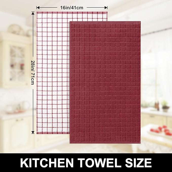 Homaxy Premium Cotton Kitchen Towels 16"x 28", Large Natural Ring Spun 390 GSM Dish Towels, Super Absorbent Terry Kitchen Hand Towels, Soft Tea Towels with Hanging Loop, Red Check Design,6 Pack