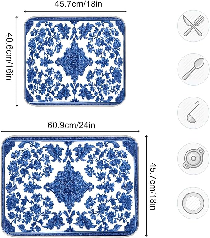 Blue White Porcelain Floral Dish Drying Mat for Kitchen Countertop 18x24 Rectangle Large Drying Mat Reusable Quick Dry Dish Sink Absorbent Mats Dishwasher Easy Clean Decorative Home Decor Essentials