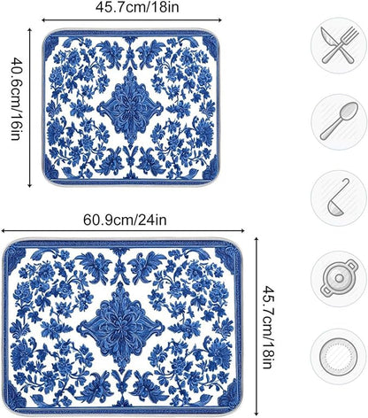 Blue White Porcelain Floral Dish Drying Mat for Kitchen Countertop 18x24 Rectangle Large Drying Mat Reusable Quick Dry Dish Sink Absorbent Mats Dishwasher Easy Clean Decorative Home Decor Essentials