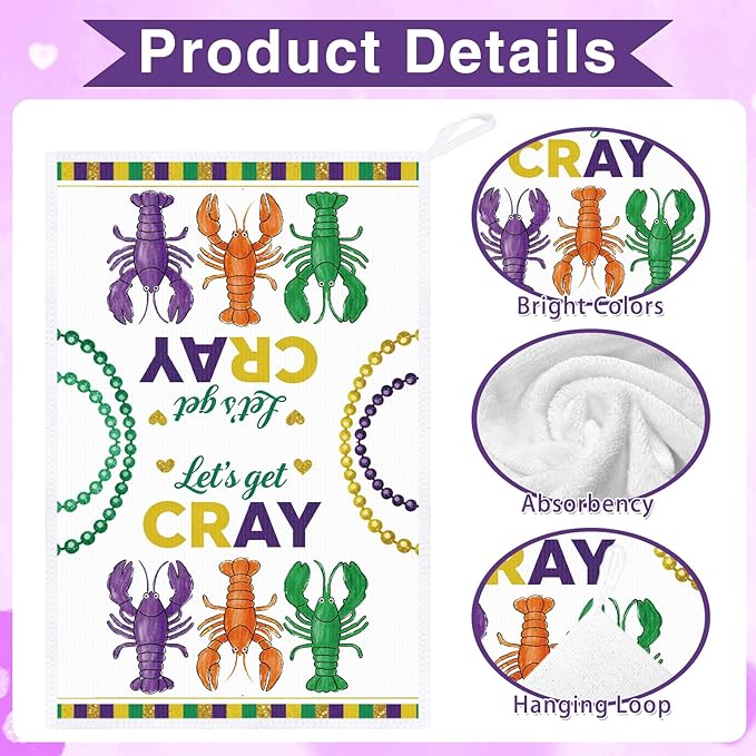 Mardi Carnival Gras Kitchen Towels, 4PCS Let's Get Cray Dish Towels for Cooking Cleaning, Gnome and Crawfish Absorbent Tea Towel with Hanging Loop for Home Decor(16 X 24 Inches)