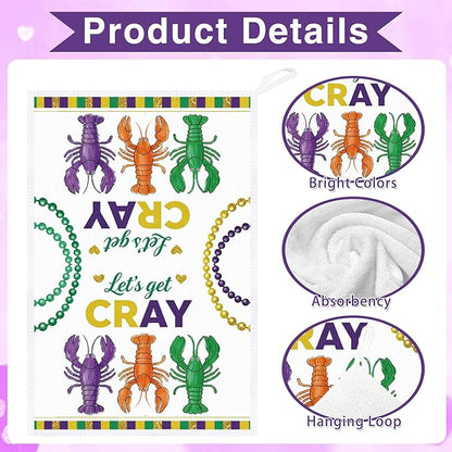 Mardi Carnival Gras Kitchen Towels, 4PCS Let's Get Cray Dish Towels for Cooking Cleaning, Gnome and Crawfish Absorbent Tea Towel with Hanging Loop for Home Decor(16 X 24 Inches)