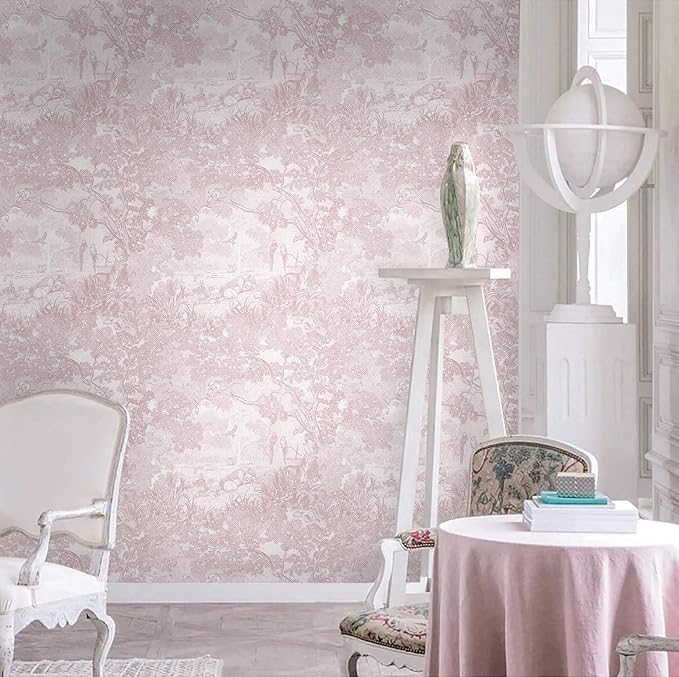 Heroad Peel and Stick Wallpaper Pink and White Vintage Forest Animals Floral Wallpaper Removable Self-Adhesive Contact Paper for Bedroom Living Room Cabinets Decoration Thicken Vinyl 17.3" x 197"
