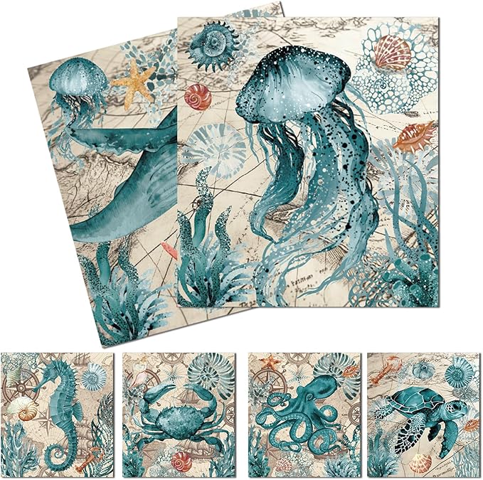 Blue Sea Swedish Dishcloths for Kitchen, 6 Pack Reusable Sea Animal Pattern Absorbent Dish Cloth, Fast Drying Cleaning Sponge Cloths for Kitchen Cooking Home Decoration Housewarming Gift