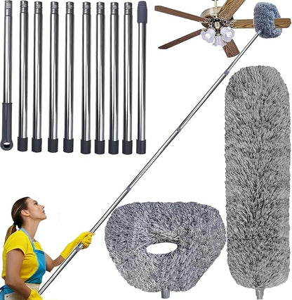 20+ Ft High Reach Ceiling Fan Duster &Microfiber Feather Brush Duster with 3-14 ft Spliceable Pole Microfiber Feather Duster for Spider Web, High Ceiling, Blinds, Furniture Cleaning Tool Kit