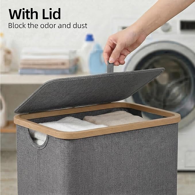 efluky Slim Laundry Basket with Lid, Narrow Laundry Hamper with Removable Bag, Skinny Dirty Clothes Basket with Bamboo Handles for Bathroom, Bedroom & Laundry Room, 65L Grey
