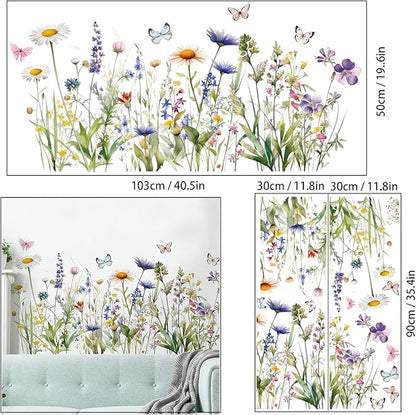 Wildflower Grass Daisy Wall Decals, Garden Floral Butterflies Flower Wall Stickers, BWCXXZH Self-Adhesive Wall Art Stickers for Girls Bedroom Living Room Nursery Decor