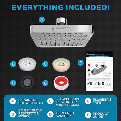 SparkPod Shower Head - High Pressure Rain - Premium Quality Luxury Design - Easy Clean Adjustable Replacement for Your Bathroom Shower Heads (Luxury Polished Chrome, 6 Inch Square)