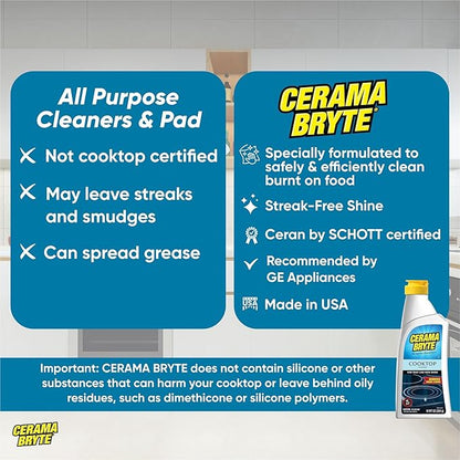 Cerama Bryte Glass Cooktop and Stove Top Cleaner Combo Kit - Includes Cleaning Tool, Razor, Scraper and 1 Pad to Remove Tough Stains - Use on Gas, Electric, Ceramic Surfaces, 18 Ounces, 4 Piece