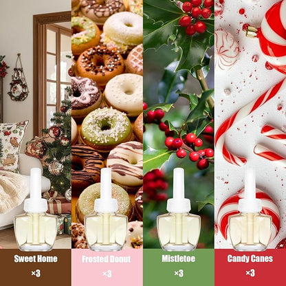 Plug-In Air Freshener Refills 12 Pack - Holiday Scents with Sweet Home, Frosted Donut, Mistletoe, Candy Canes - Wall Plug in Refills 7.92 Fl Oz - Compatible with Air Wick & Glade, Not for Glade Plus