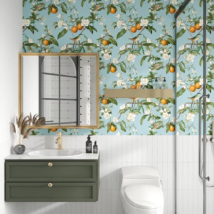 Blue Bird Wallpaper Peel and Stick, Vintage Floral Lemon Fruit Contact Paper, Self Adhesive Removable Retro Botanical Wall Paper Mural for Room Walls Shelves Cabinet Table Drawer Decor 17.5" x 78.7"