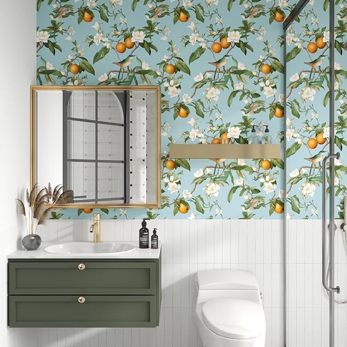 Laatse Blue Floral Wallpaper Peel and Stick, Vintage Bird Fruits Contact Paper 17.5" x 197", Removable Self Adhesive Waterproof Retro Wall Mural for Room Walls Shelves Cabinet Table Decor