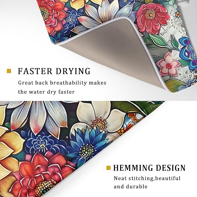 Boho Floral Dish Drying Mat for Kitchen Counter 16x18 Inch Boho Blooming Flower Dishes Pad Super Absorbent Drying Mat Heat Resistant Dish Drying Pad Anti-Slip Dish Mat Fast Dry Kitchen Bar Accessories