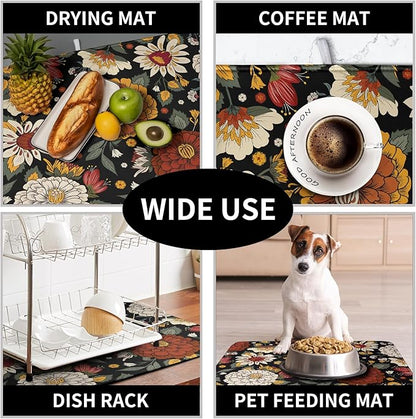 Vintage Floral Dish Drying Mat for Kitchen Counter Retro Sunflower Floral Absorbent Microfiber Dry Dish Mat Reversible Washable Dish Drainer Rack Mat Large 18x24 Inch