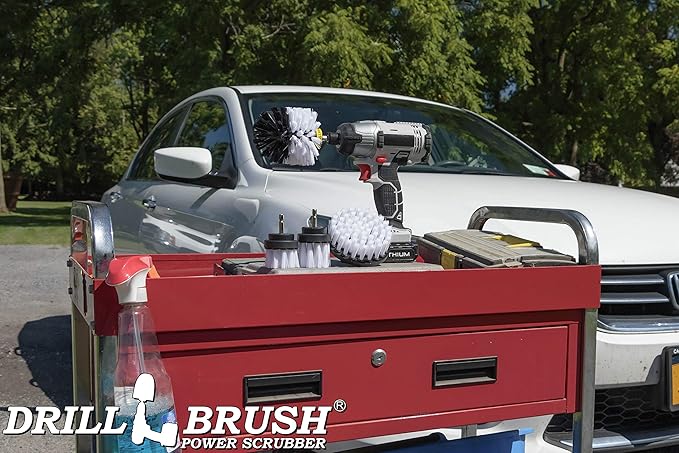 Car Detailing Brush Kit - Wheel Spin Brush - Rim Cleaner - Carpet Scrubber - Glass Cleaner - Automotive Cleaning Brushes - Auto Interior Scrubber - Motorcycle - RV - Supplies for Maintaining Vehicle