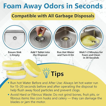 Garbage Disposal Cleaner Tablets - 24 Pack (1-Year Supply) Powerful Foaming Lemon Scented Kitchen Sink Freshener Drain & Pods Odor Eliminator and Deodorizer Septic Safe