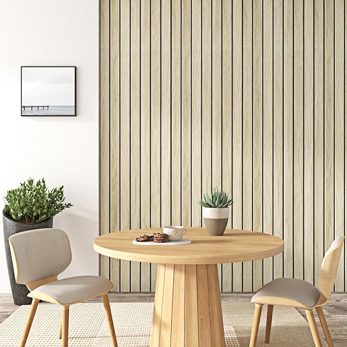 Wallercity Light Brown Wood Slat Acoustic Panels for Stylish Decor Noise Reduction 3D Textured Wood Grain Paneling for Ceiling Walls Peel & Stick Wooden Wall Panels for Background Bedroom 11.7''x118''