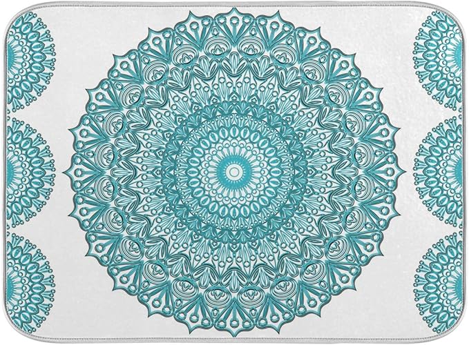 Super Absorbent Dish Drying Mat, Microfiber Fast-Drying Dish Mat, 24" x 18", Kitchen Dish Drying Pad, Boho Ethnic Turquoise Mandala