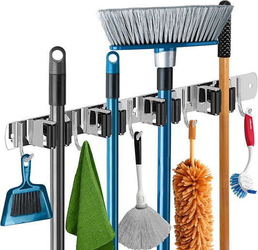 The Good Stuff Heavy Duty Mop and Broom Holder Wall Mount – Stainless Steel 5-Rack Organizer with 4 Hooks – Space Saving, Rust-Resistant Utility Rack for Garage, Kitchen, Laundry or Garden Tools
