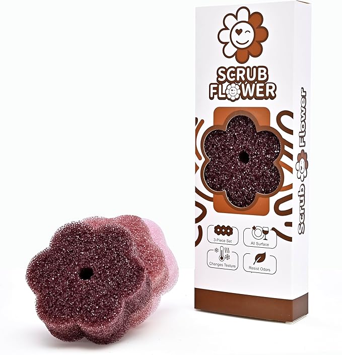 Scrub Flower Temperature Sensitive Sponges -Non-Scratch Scrubbers for Kitchen & Home - Firm in Cold & Soft in Warm Water - Odor Resistant Color-Coded Dish Sponges (Earth Dahlia, 3 Count)